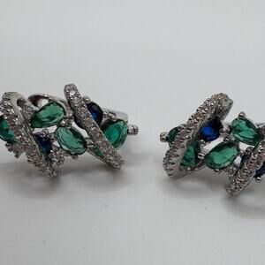 Blue & Emerald Green Leverback Earrings - Sterling Silver Rhodium Ribbon
